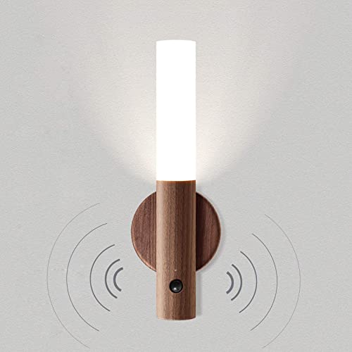VOMI Kabellos LED Wandleuchte Innen mit Bewegungssensor Akku USB Aufladung Magnetisch Holz Nachtlicht mit Bewegungsmelder Schranklicht Batterie Wandbeleuchtung Flurlampe Küche Treppenhaus