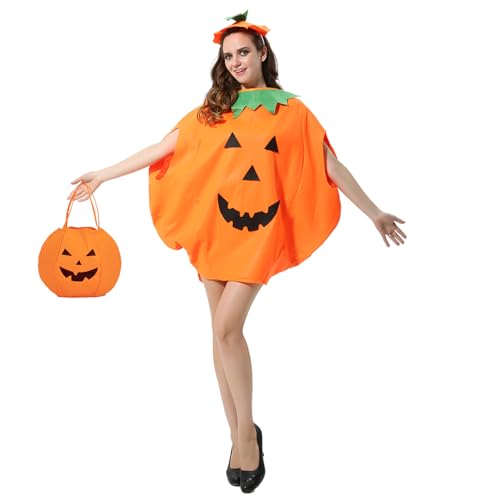 CLOOOUDS Adult Pumpkin Costume,3PCS Halloween Unisex Pumpkin Cosplay Party Clothes With A Hat,A Bag