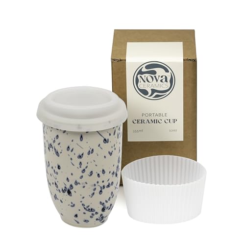 Image of NOVA CERAMICS Travel Mug - Travel Size Mug - Reusable Coffee Mug Unique to Go Mug - Microwave & Dishwasher Safe Coffee White & Blue Tumbler - Gifts for Women Men Him Her - 12oz - Orchid