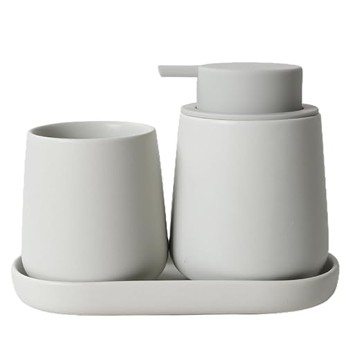 BosilunLife Ceramic Bathroom Accessories Set 3 Pcs, Foaming Soap Dispenser and Toothbrush Holder with Tray, Modern Farmhouse Vanity Decor, Light Grey Housewarming Gift