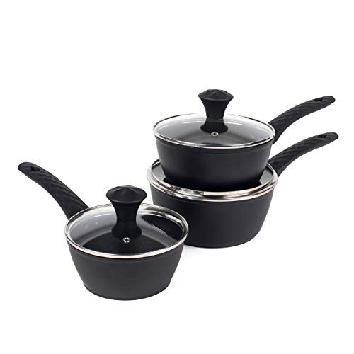 Salter BW07522 Diamond Edition Non-Stick, Forged Aluminium Saucepan Set with Glass Lids, 16/18/20 cm, Set of 3, Black/Gold, 16 x 43.5 x 28 cm 1 Gallery Image
