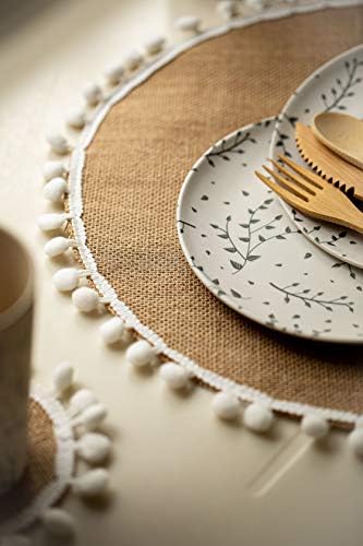 Natural Elements Hessian Placemats, Set of 4 Woven Jute Round Table Mats with Pom Pom Decorations, 38cm