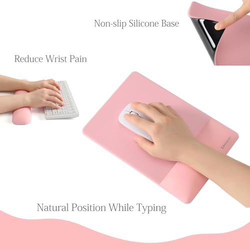 Image of UnivoColors Design-Wave Set of Keyboad Wrist Rest & Mouce Pad,Artificial Sheepskin+Memory Foam+Ergonomic+Anti-Slip Gel, Resilience Support During Work and Gaming,Keyboard Accessory,Pink,N
