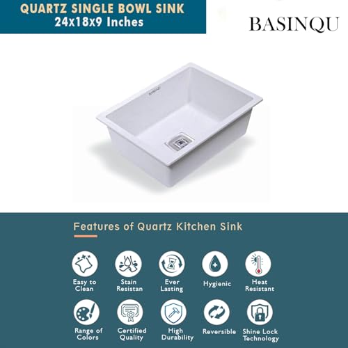 Image of BASINQU Quartz Kitchen Sink 24 x 18 x 9 Inch Granite Kitchen Sink Single Bowl White Quartz Sink for Kitchen Basin Sound Dampening Scratch Resistant UV-Protected Noise Reducing
