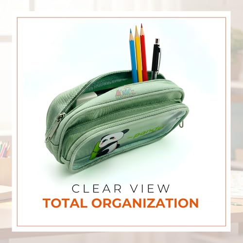 Image of Alokik Enterprise Cute Cartoon Pencil Pouch with Double Zipper & Transparent Window, Large Capacity Fabric Pen Case for School, Office, Students, Kids & Teens (Panda Have Fun with You Green Pouch)