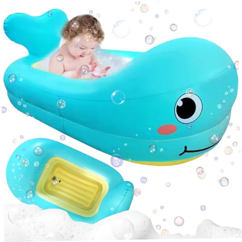 Bañera inflable para bebé, 32 x 20 x 10 pulgadas, linda ballena de dibujos animados, bañera para bebé con puerto de drenaje, artículos esenciales suaves antideslizantes para niñas y niños