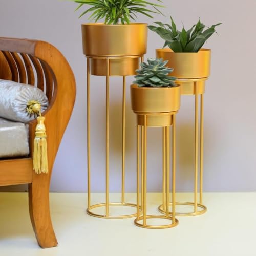 Image of ZM Handicrafts Metal Floor Planter Pot Stand with Gold Finish, Set of 3, Modern Style, for Living Room, Bedroom, Balcony, Office | Indoor /Outdoor Flower Pot Stand with Pots (Gold Pot)