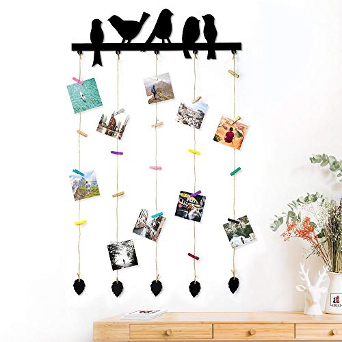 Image of Art Street Birds Design MDF Plaque Clip Rectangular Photo Collage Hanging Wall Mount Frame with Wooden Clips (Black, 18.5 x 32 Inches)
