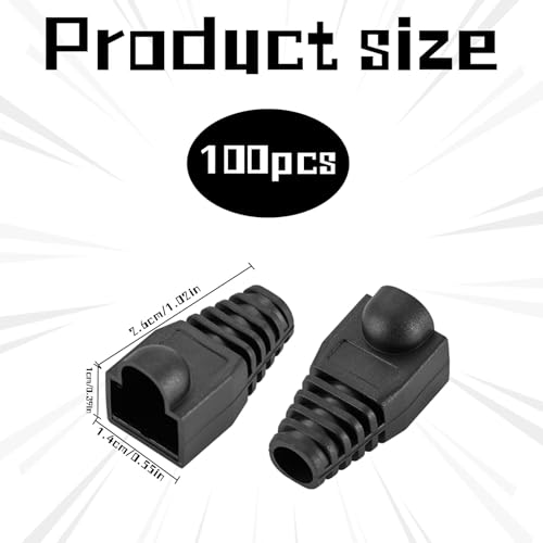 RJ45 Connector 100Pcs RJ45 Boots Soft Plastic Ethernet Cable Connector Boots Cover Wire Lan Strain Connector Boot For Cat5 Cat5e Cat6 Cat6e Black