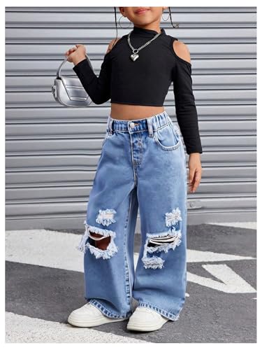 GORGLITTER Girls Ripped Jeans Vintage High Waisted Wide Leg Distressed Denim Pants4