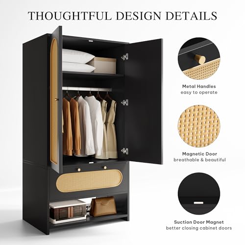 DWVO Rattan Armoire Wardrobe Closet - 70" Tall Rattan Armoire Closet with Doors, Large Storage Cabinet with Drawers & Hanging Rod/Bedroom Armoire - Black