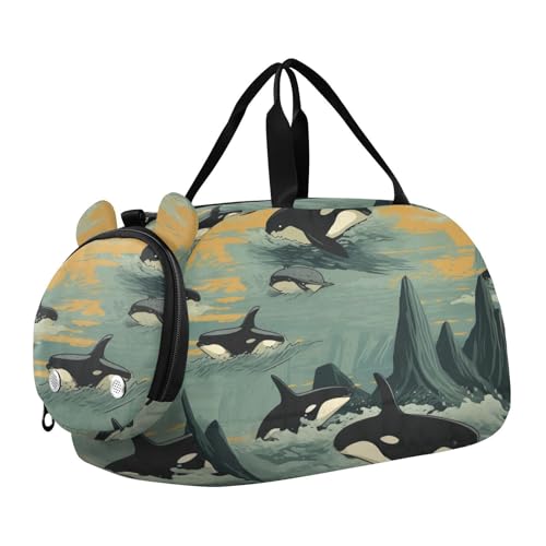 Orca Whales Duffle Bag for Girl, Sports Duffle Gym Bags with Shoe Compartment, Personalized Overnight Bag Travel Weekender for Kids