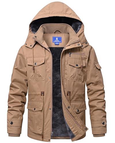 Image of Rapoo Men's Winter Jacket Cotton Work Military Jackets Fleece Lined Thick Warm Cargo Coats with Hooded