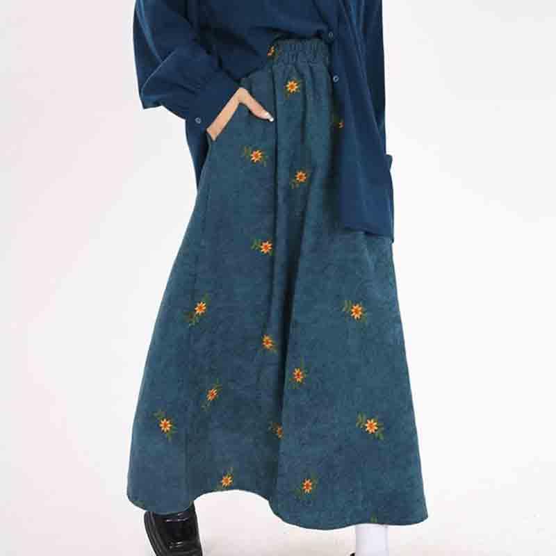 Women's Retro Corduroy Skirt Spring and Autumn Embroidered Flower Long Skirt Forest Series Over Knee Skirt4