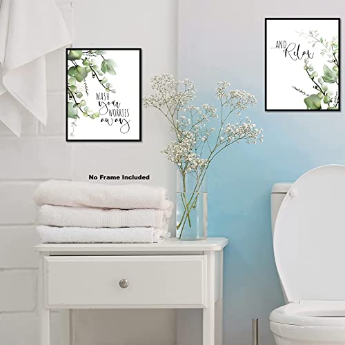 Botanical Bathroom Decor Wall Art Prints –Unframed Set Of 2 ( 12X16 Inch )– Wash Your Worries Away And Relax Signs Bathroom Wall Decor, Sage Green Greenery Eucalyptus Leaf Leaves Minimalist Watercolor Plants Wall Art Work Posters Prints Sign By Zagly Wall Decor (Wash Your Worries, 12X16 Inch, Unframed) #TOP1