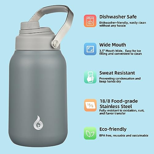 Image of BJPKPK Half Gallon Insulated Water Bottles, 64oz Water Jug with Metal Handle & BPA Free Spout Lid, Dishwasher Safe Flasks, Large Stainless Steel Gym Sport Jugs, Grey