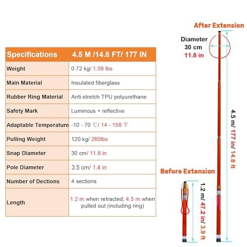 Gancho y pértiga de Salvamento para Piscinas, Gancho telescópico de Rescate for Piscina, Poste de Fibra de Vidrio y Gancho de Aluminio, Capacidad de 120 kg, Varios tamaños