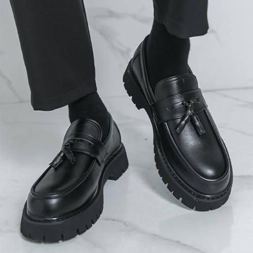 Image of Mens Leather Slip-On Platform Dress Tassels Loafers Non-Slip Low Top Round Toe Chunky Penny Shoes for Business Casual Dress Prom Party