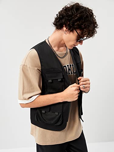 Verdusa Men's Sleeveless Letter Patched Buckle Zipper Flap Pocket Steampunk Cargo Vest Jacket3