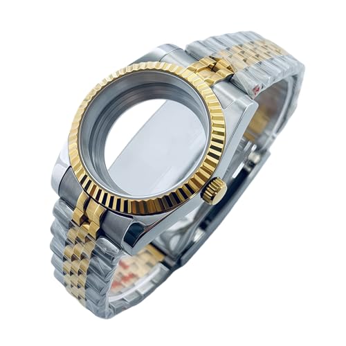 Boîtier montre saphir bicolore lunette cannelée or argent pour projet NH35