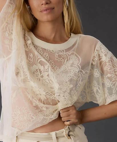 Aimiray Women's Sexy Lace Tops Short Sleeve Round Neck Mesh 3D Printed Floral Sheer Blouse See Through Layering Shirt Tops