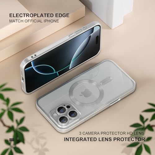 Image of Misea Magnetic for iPhone 16 Pro Case Compatible with MagSafe | Never Yellowing, Military Drop Protection, Full Camera Lens Protector Plating Soft Clear Phone Case Women, Titanium Silver