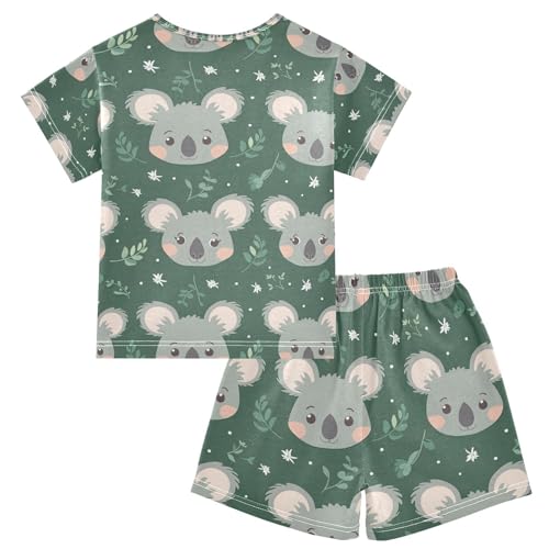 ALAZA Cartoon Koala Green Pajamas Set Short Sleeve Cotton Sleepwear Summer Pjs 2 Piece 5-14Y2
