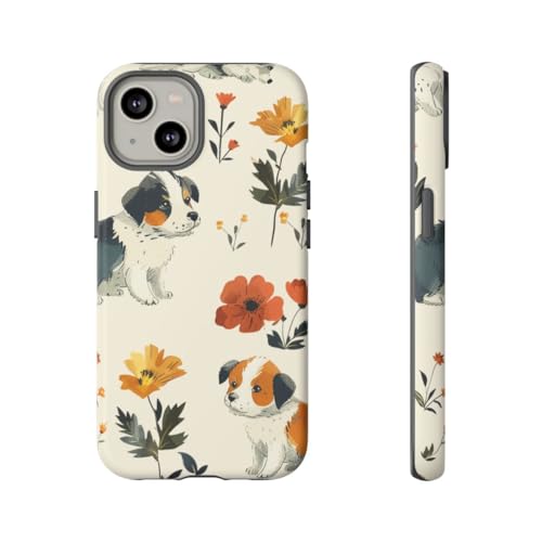 Coque iPhone 14 motif chiot mignon floral, le cadeau idéal pour les passionnés de chiens
