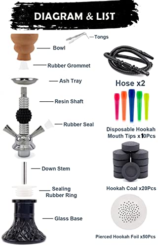 Zebra Smoke The Eddie Edition: 11" Tall 2 Hose-Sharing Mini Glass Base Hookah / Washable Hose / Complete Set Shisha Nargila W/ Box. [ Coals/ Mouth Tips / Pre Cut Foil Covers ] (Black) #TOP3