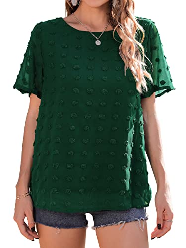 Neineiwu Womens Chiffon Blouse Summer Casual Round Neck Short Sleeves Pom Pom Shirts Tops (Dark Green,Large) #TOP1