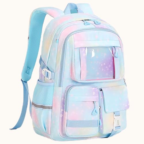 Image of MATMO Multi-Pocket Girls Boys School Backpack Kids Student Bookbag Travel Daypack (Light Blue)