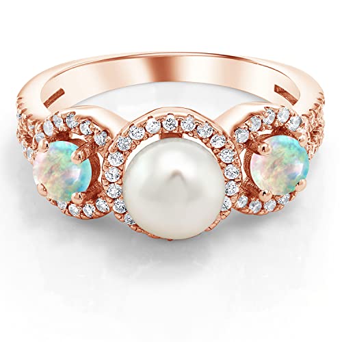 Gem Stone King Cultured Freshwater Pearl and Gemstone Birthstone Ring for Women in 18K Rose Gold Plated Silver | Round 4MM | Available In Size 5, 6, 7, 8, 92