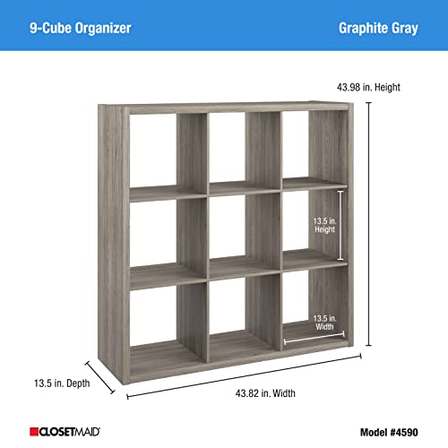 Image of ClosetMaid 4590 Heavy Duty Decorative Bookcase Open Back 9-Cube Storage Organizer in Graphite Gray with Hardware for Closet, Home, Office, or Toys