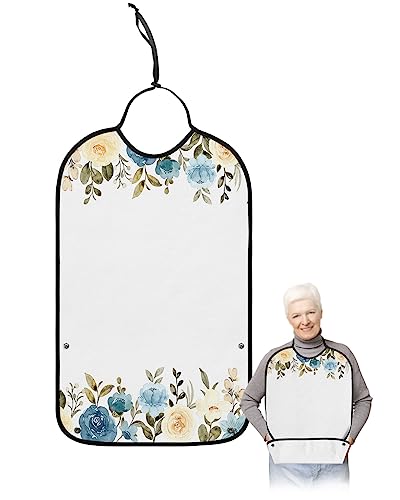 Adult Bibs for Elderly Women - Spring Florals Waterproof Dining Clothing Protectors with Crumb Catcher for Eating/Feeding, Watercolor Flowers Blue Cream White Terry Cloth Bib Machine Washable
