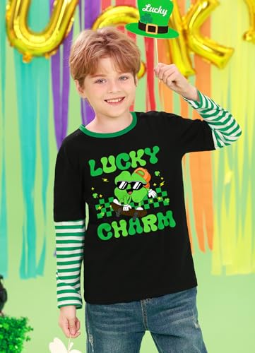 Image of Unisex Kid's St Patrick's Day Shamrock Top Striped Patchwork Irish Clover Long Sleeve Shirt 4-14 Years
