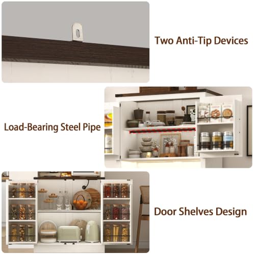 Image of 72 inch Tall Farmhouse Kitchen Pantry Cabinet with LED Light and Power Outlet,Modern Farmhouse Kitchen Storage Cabinet w Load-Bearing Steel Pipe,Barn Doors, Organizer,Food Pantry Cabinets(2PC White)