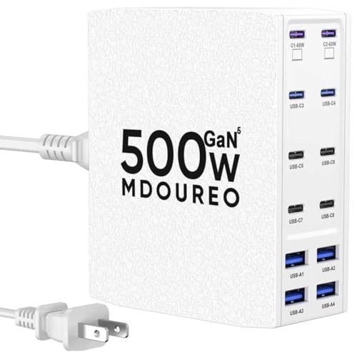 Image of 500W USB C Charger Block, 12-Port USB C Charging Station for Multiple Devices, Leather Texture Dual PD 65W Laptop Fast Charger Compatible with MacBook Pro /Air, iPad, iPhone,Galaxy and More, White