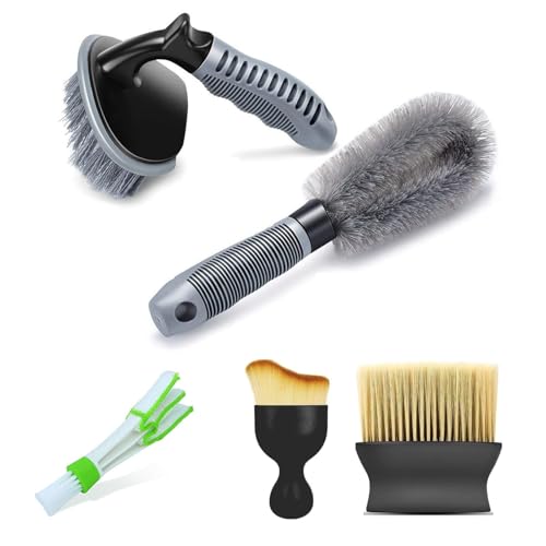 Image of CleanIt 5-in-1 Car Cleaning Brush Combo - Tire, Alloy, Dashboard & AC Vent Brush Set - Interior & Exterior Detailing Kit - Heavy-Duty, Reusable Car wash and Care Brushes