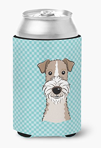 Caroline's Treasures BB1185CC Checkerboard Blue Wire Haired Fox Terrier Can or Bottle Hugger Cooler Washable Drink Sleeve Collapsible Beverage Insulated Holder, Can Hugger, Multicolor