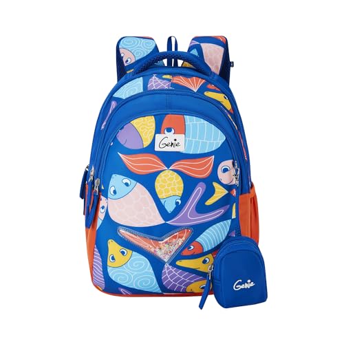 Image of Genie Finley Kids Backpacks, 15 inch Cute, Colourful Bags for Girls, Water Resistant and Lightweight, 3 Compartment with Happy Pouch, 20 Liters, Nylon Twill, Blue