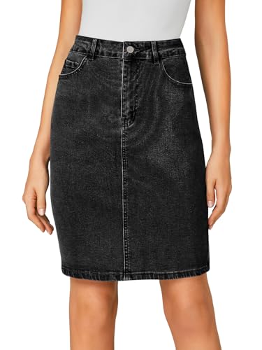 LYANER Women's Casual Stretch High Waist Bodycon Denim Jean Midi Skirt with Pockets