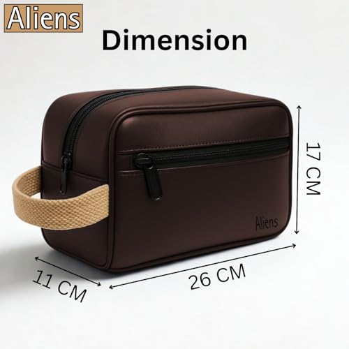 Image of Aliens Multipurpose Travel Organizer Vegan Leather Pouch for Men and Women, Hanging Dopp Kit, Water-Repellent Bag for Toiletry, Shaving Kit, Cosmetics & Makeup, Jewellery, Gadget, Accessories-Brown