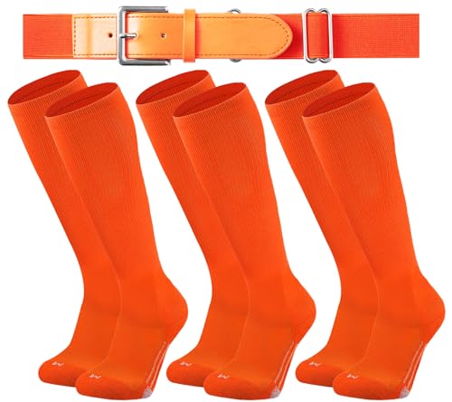 Londkaron Youth Elite Baseball/Softball Socks & Belt Combo (3 Pairs of Socks with 1 Belt) (Small Orange)