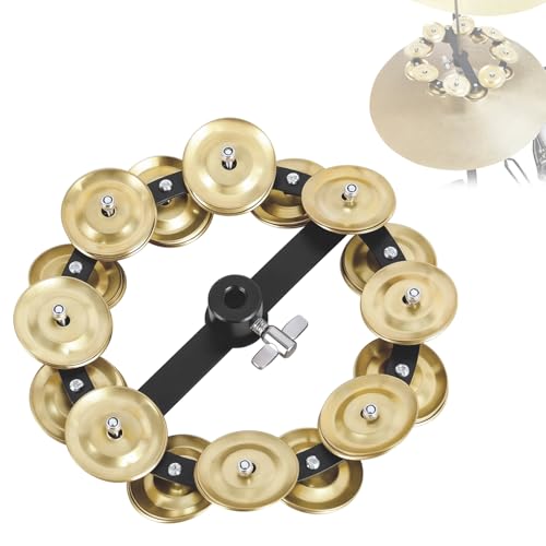 EASTROCK 5.5 Inch Cymbal Hi-Hat Tambourine Mountable Hihat Tambourines Double Rows With 16 Stainless Steel Bells Fits Hihat Cymbals Stands Gold Tambourine For Drum Kit Drum Players