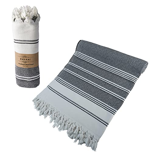 BAYKUL Türkisches Strandtuch, 100% Bio-Baumwolle und Bio-Farbstoff, 460 g hamamtuch vorgewaschen, 180 x 91 cm, XL Baumwolle, Pestemal-Decke für Bad, Strand, Pool, Oeko-TEX (schwarz) Cover