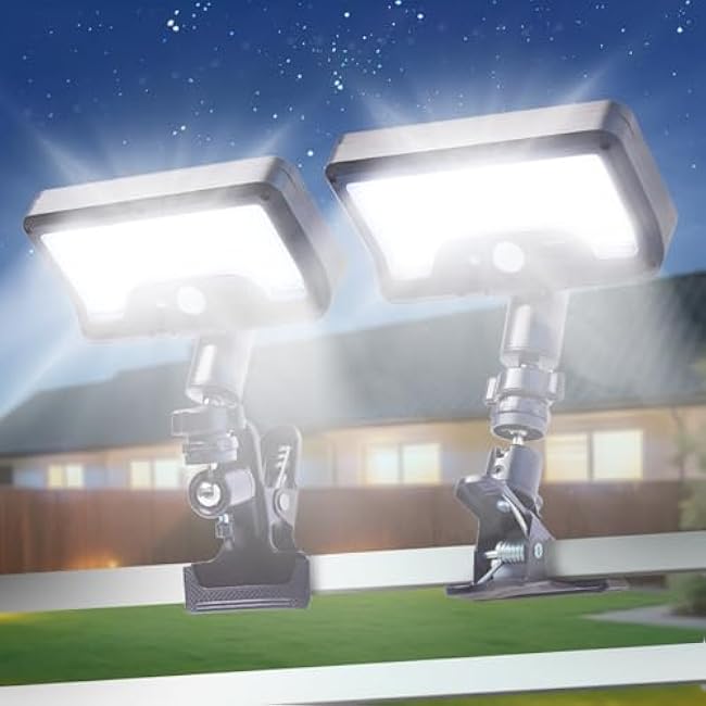Solar Lights Outdoor, Clip On or Wall Mount, Motion Sensor Flood Light, 3 Settings, USB Charging and Solar Powered Fence Lights for Yard, Deck, Gutter, Camping, IP65 Waterproof, 2 Pack