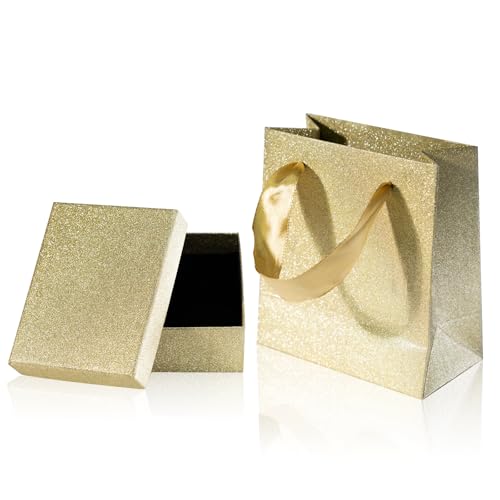 Image of Small Gift Box and Gift Bag | 9x7x3cm Jewellery Gift Box and 12x11x 6cm Gift Bag | Bracelet Earring Ring Necklace Box with Lid for Presents (Glitter Gold)