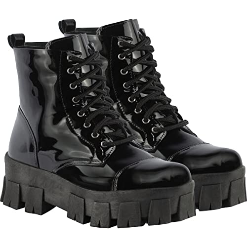 Coturno Tratorado Feminino Salto Grosso Moda Plataforma Bota Verniz Preto35