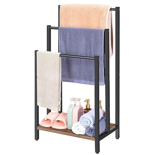 Shinoske Toallero de Pie con 3 Barras, Toallero Independiente para Baño, Soporte para Toallas, Acero, 43.5 x 28 x 82 cm, Negro y marrón