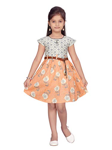 Image of muhuratam Girl's Pure Cotton A-Line Knee-Length Dress (FK-9294 Peach 28)
